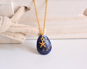 Lapis Lazuli necklace, starfish necklace, beach necklace, stone necklace, gold necklace, summer necklace, gemstone jewlery everyday necklace