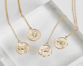 Gold filled constellation necklace, zodiac necklace, charm necklace, coin necklace, disc necklace, medallion necklace minimalist necklace