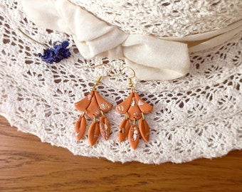 Art deco polymer terracotta and gold dangling earrings, boho earrings, boho chic earrings, natural color