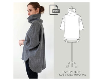 Funnel Neck Tunic Sewing Pattern, DIGITAL PDF PATTERN, Oversized Tunic, Simple Top Pattern, Women's Easy To Sew Pattern.