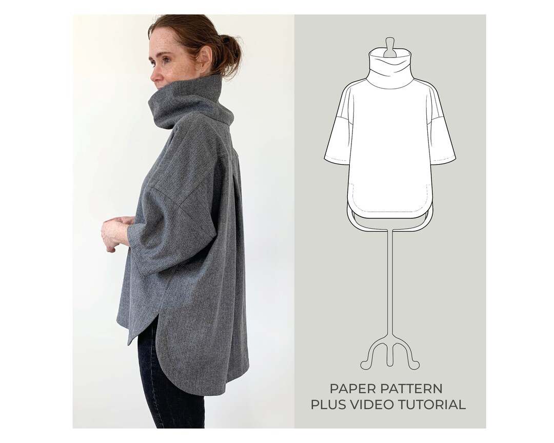 Funnel Neck Tunic Sewing Pattern, PRINTED PAPER PATTERN, Oversized ...