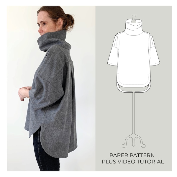 Funnel Neck Tunic Sewing Pattern, PRINTED PAPER PATTERN,  Oversized Tunic, Simple Top Pattern, Women's Easy To Sew Pattern.