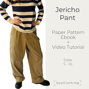 Patrón de costura para pantalones cargo, patrón estampado unisex, pantalones de trabajo con cremallera, cintura elástica, tallas S-XL