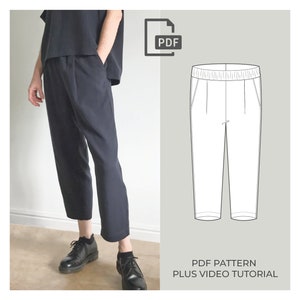 Cropped Trouser Pattern, DIGITAL PDF PATTERN, Pleated Trouser Pattern, Women's Easy Pants Sewing Pattern, Loose Linen Pants Pattern