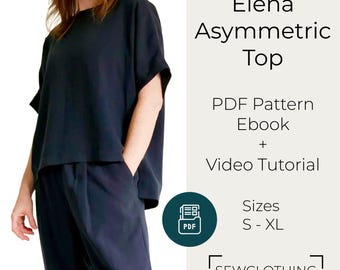 Asymmetric Linen Top Sewing Pattern, Beginner PDF, Easy Loose Fit Women's Top S-XL