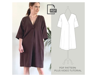 Good to Go Dress Sewing Pattern, DIGITAL PDF PATTERN, Simple Tunic Dress, Pleated V-Neck Kimono Dress, Easy To Sew.