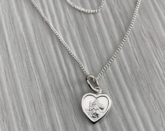 Childs 925 Sterling Silver St. Christopher Heart Necklace with Free Personalised Engraving