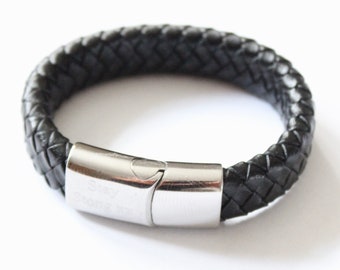 Junior Black Leather Bracelet with Free Personalised Engraving & Gift Boxed