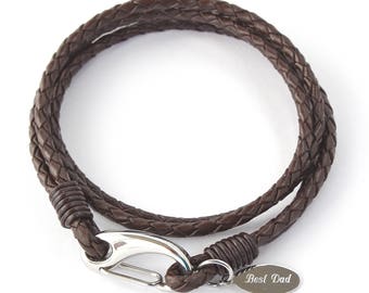 Men's Brown Leather Wrap Bracelet with Free Personalised Engraved Tag, Includes Free Shipping