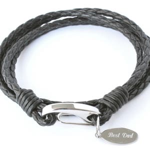 Men's Black Leather Wrap Bracelet with Free Personalised Engraved Tag, Includes  Free Shipping