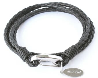 Boy's Black Leather Wrap Bracelet with Free Personalised Engraved Tag, Includes Free Shipping