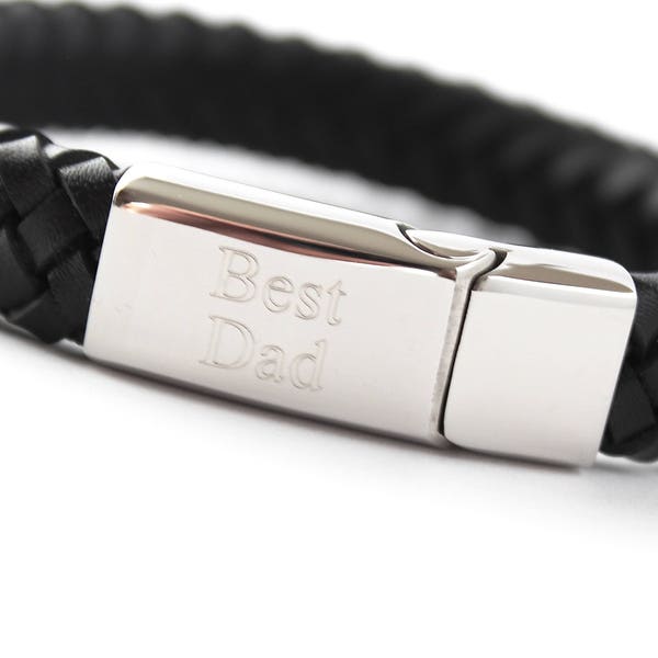 Men's Black Leather Bracelet with Free Personalised Engraving, Includes Free Shipping