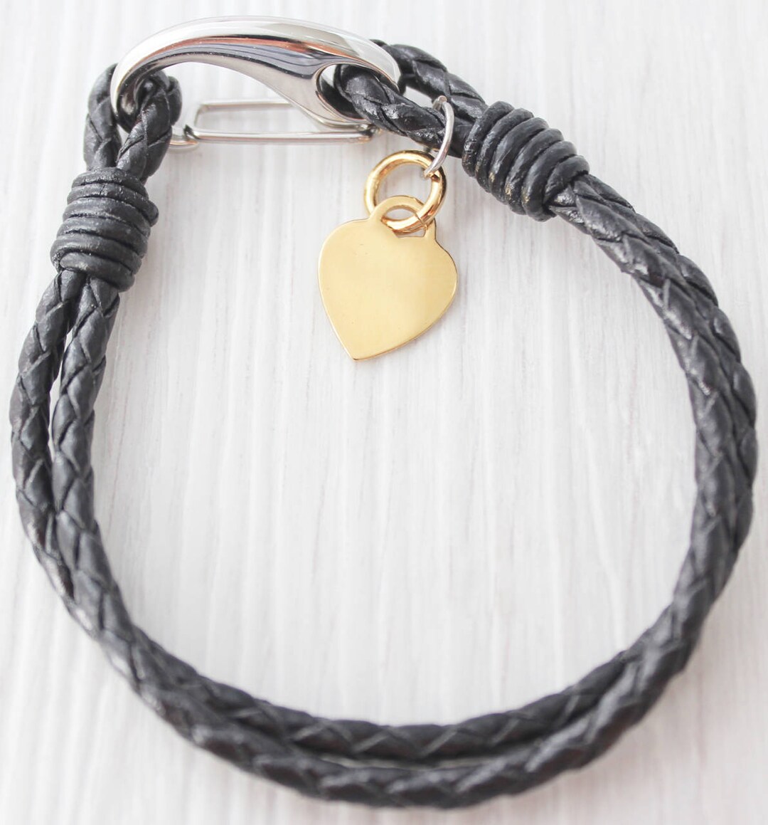 Ladies Black Leather Bracelet With Gold Over 925 Sterling Silver Heart