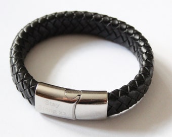 Childs Black Leather Bracelet with Free Personalised Engraving & Gift Boxed