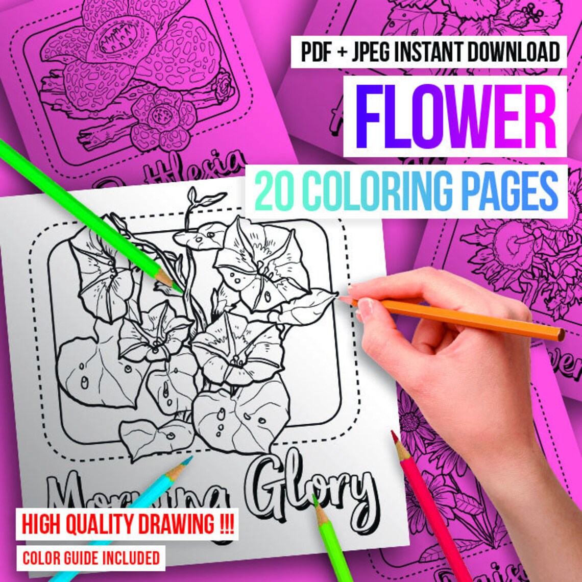 Flower Coloring Pages 20 Page Printable PDF - Etsy