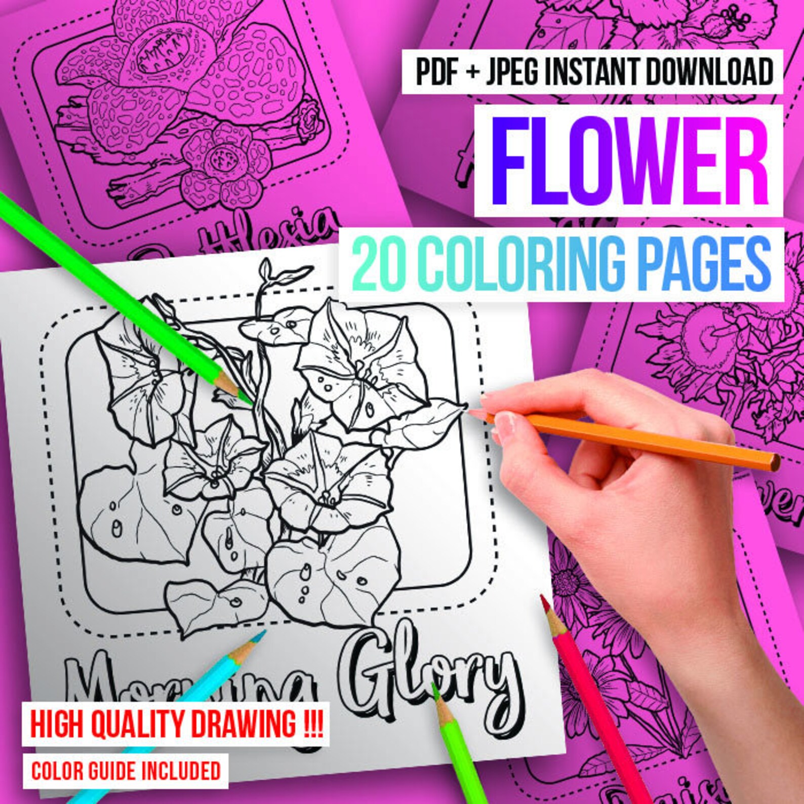 Flower Coloring Pages 20 Page Printable PDF - Etsy
