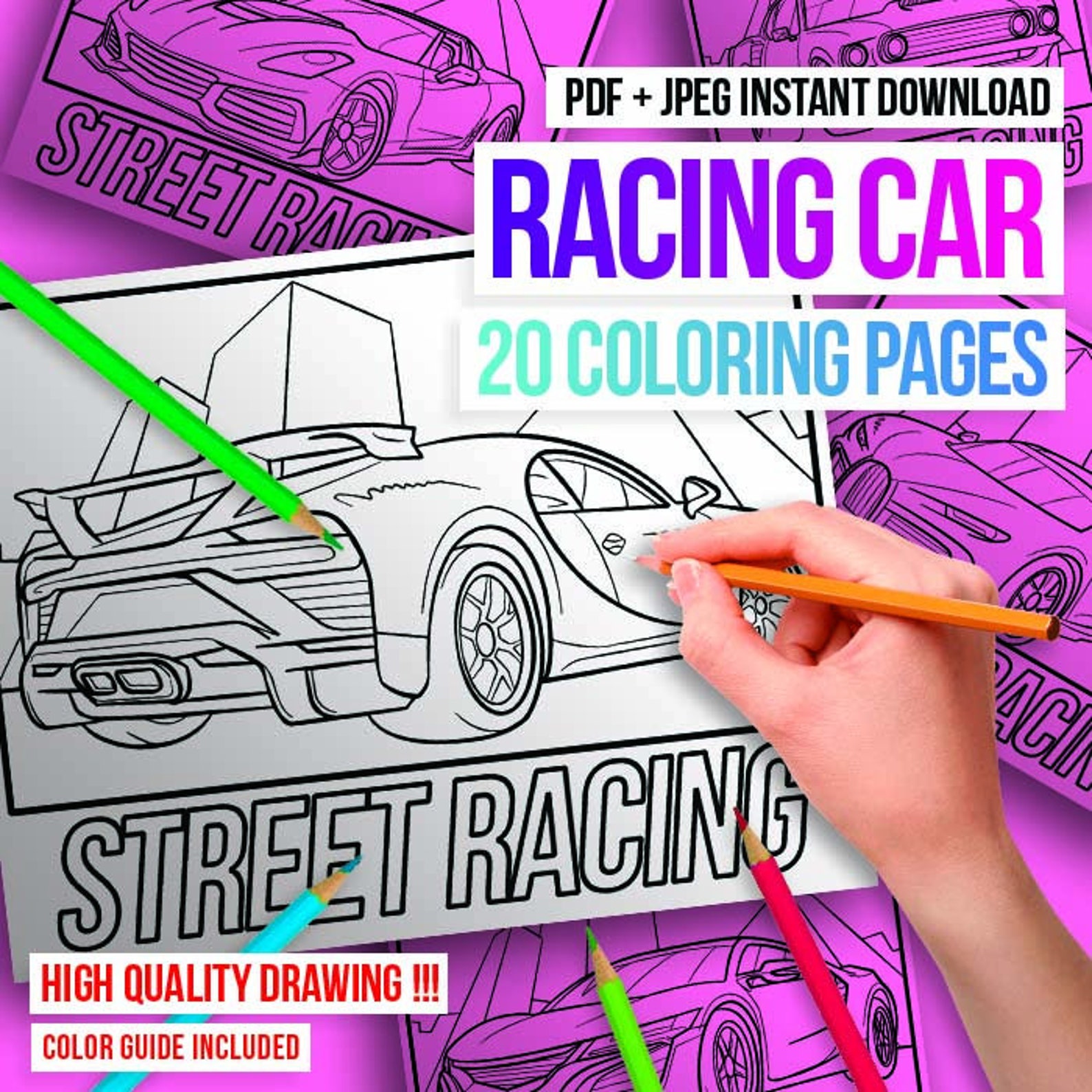 Racing Car Coloring Pages 20 Page Printable PDF - Etsy