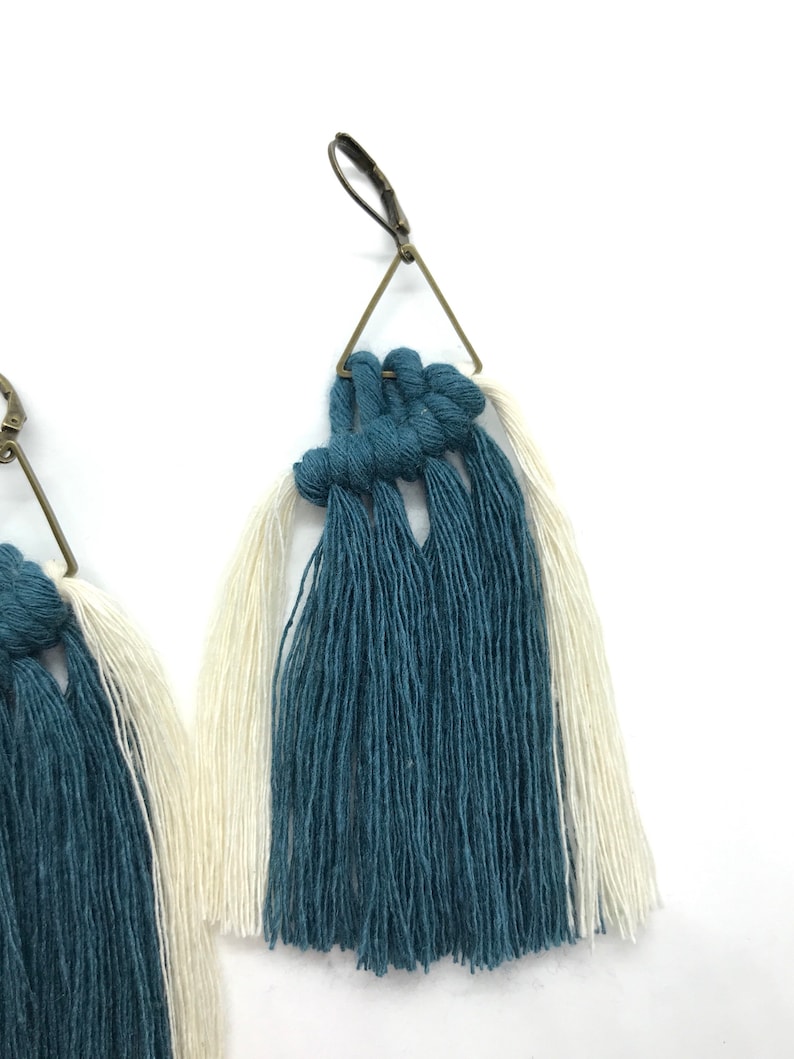 Triangle Antique Bronze and Teal and White Cotton Fringe Macrame Tassel Earrings