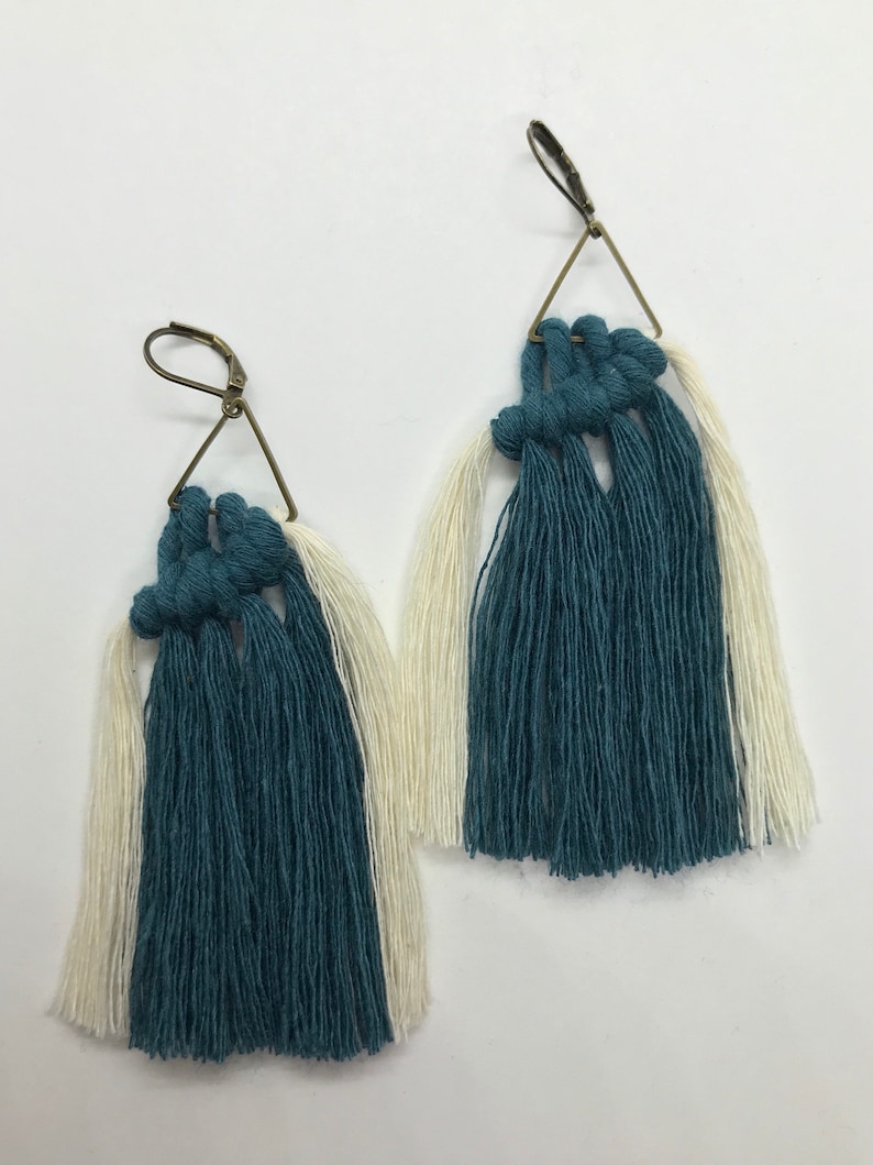 Triangle Antique Bronze and Teal and White Cotton Fringe Macrame Tassel Earrings