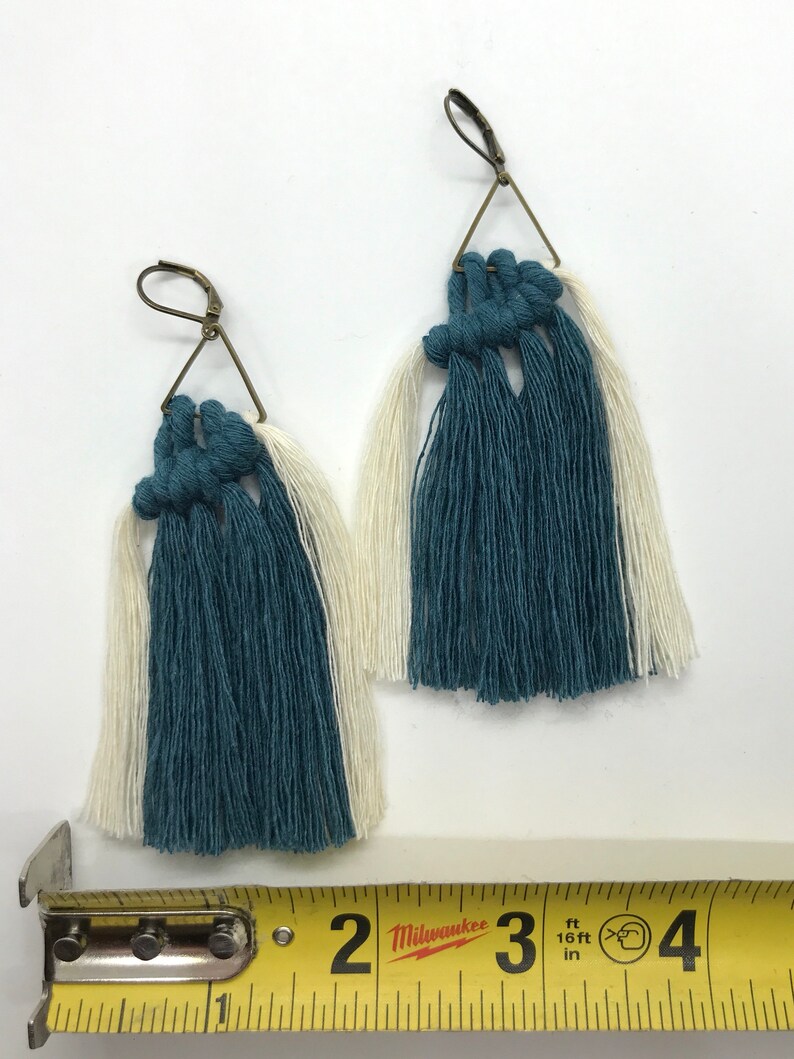 Triangle Antique Bronze and Teal and White Cotton Fringe Macrame Tassel Earrings