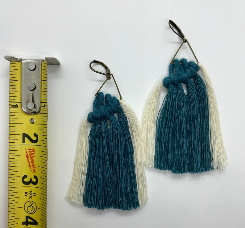 Triangle Antique Bronze and Teal and White Cotton Fringe Macrame Tassel Earrings