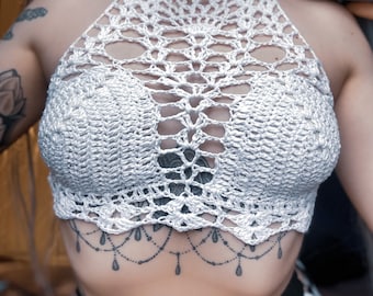 Witchy Gothic Lace Crochet Halter Top Goth Festival Crochet Crop Top
