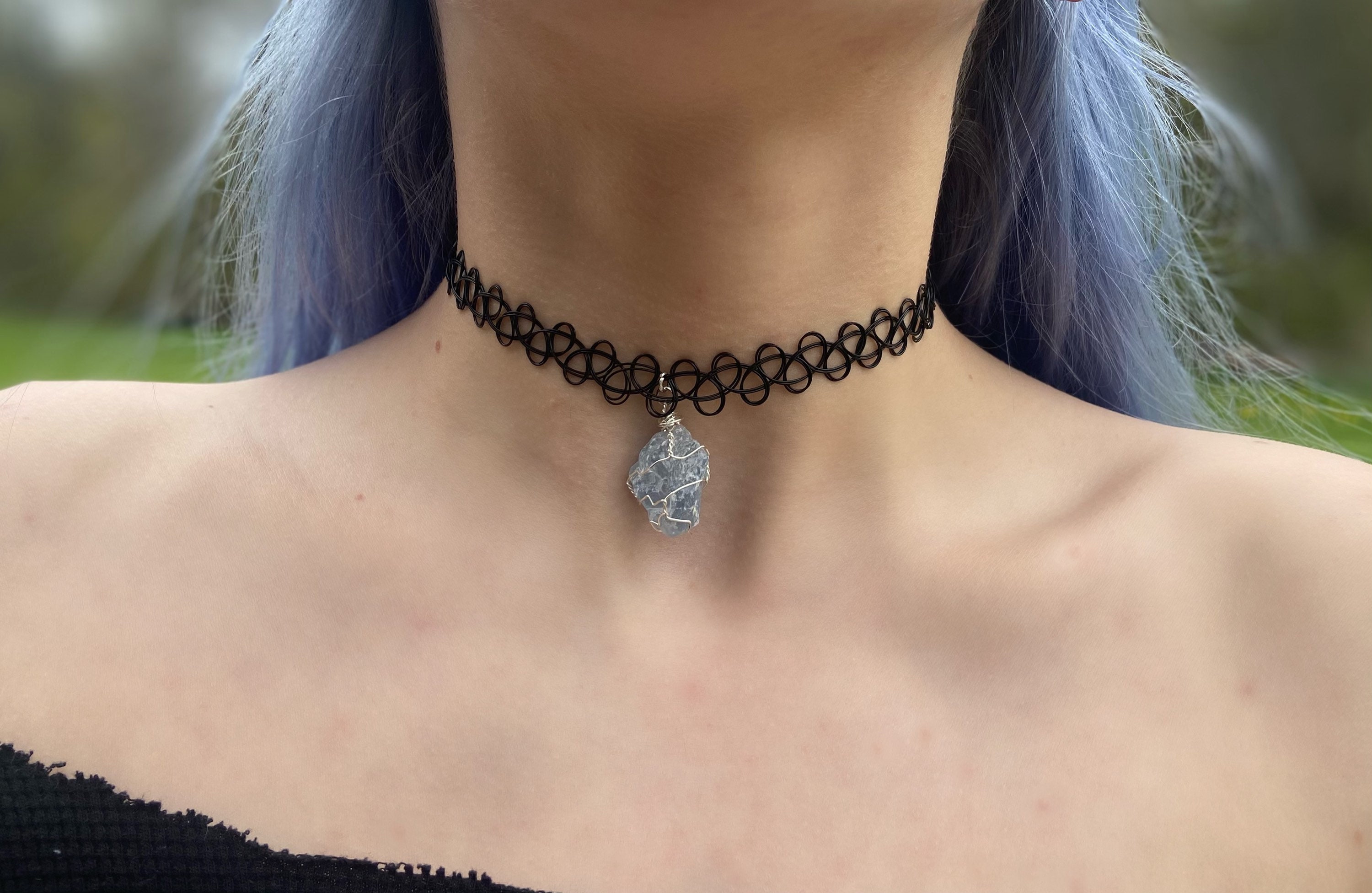 Gothic Choker With Chains, Crocheted Choker With Chains, Obsidian