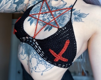 Gothic Pentagram Crochet Bralette, Crocheted Pentagram Crop Top, Crochet Goth Upside Down Cross Crop Top, Satanic Crochet Top, Rave Bikini