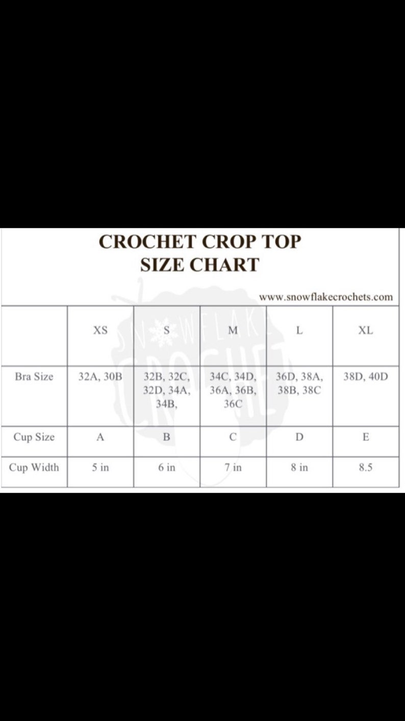 May include: Crochet crop top size chart with bra size, cup size, and cup width measurements in inches. Sizes include XS, S, M, L, and XL.