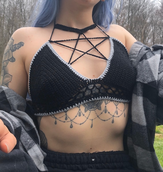 Goth Style Pentagram Crochet Top Bralette, Gothic Witch Crochet Crop Top,  Witch Style Crocheted Pentagram Bikini 