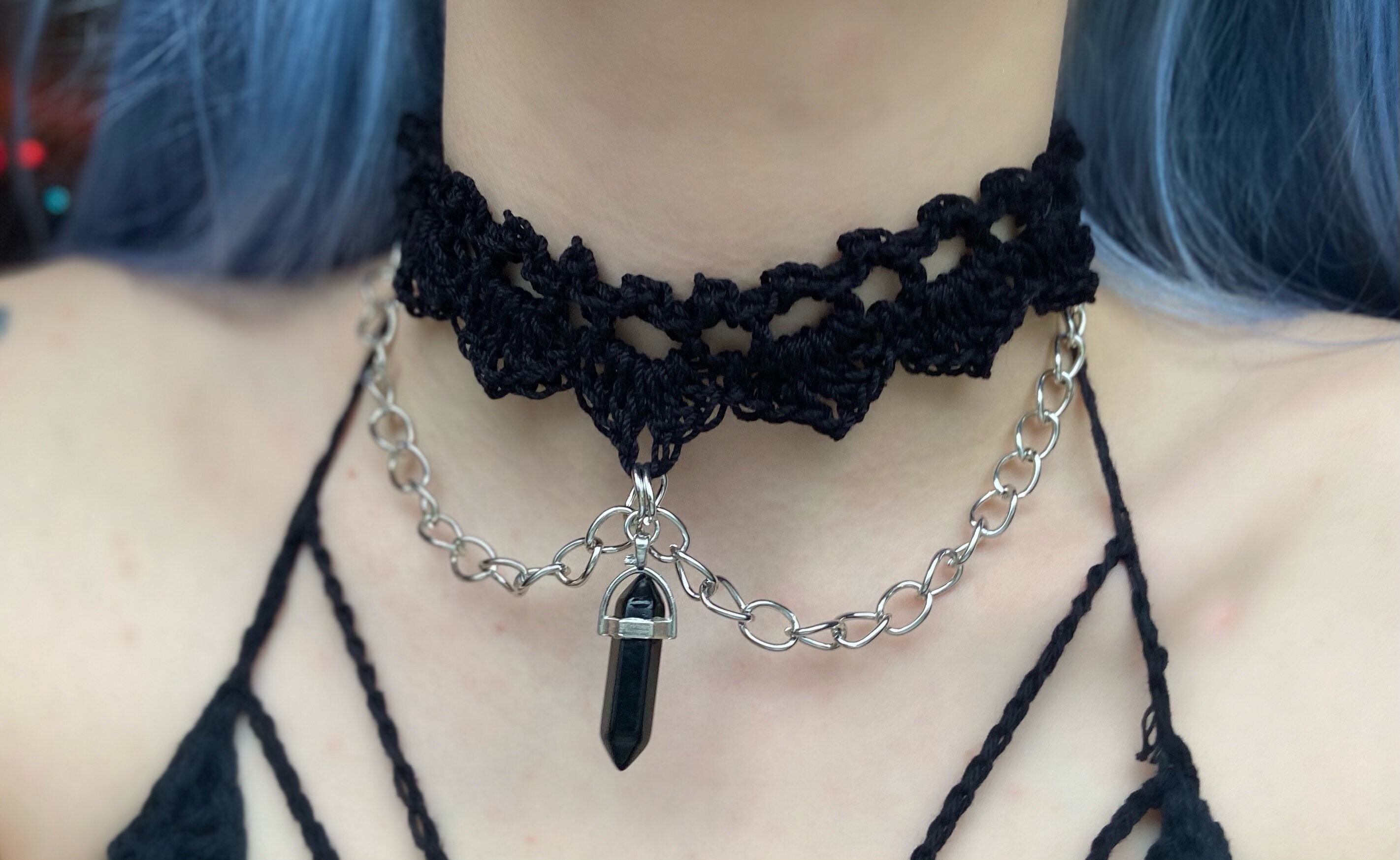 Gothic Choker Black Gem Chains Velvet Necklace Halloween Collar