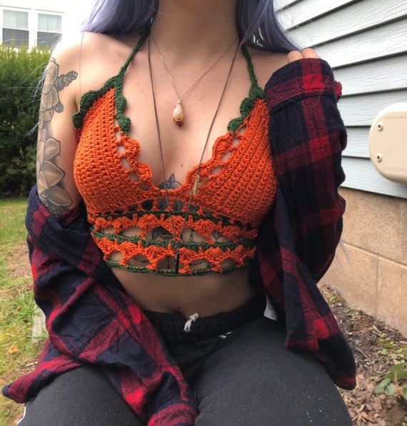 Crochet Pumpkin Style Halloween Fall Bralette Crop Top Festive