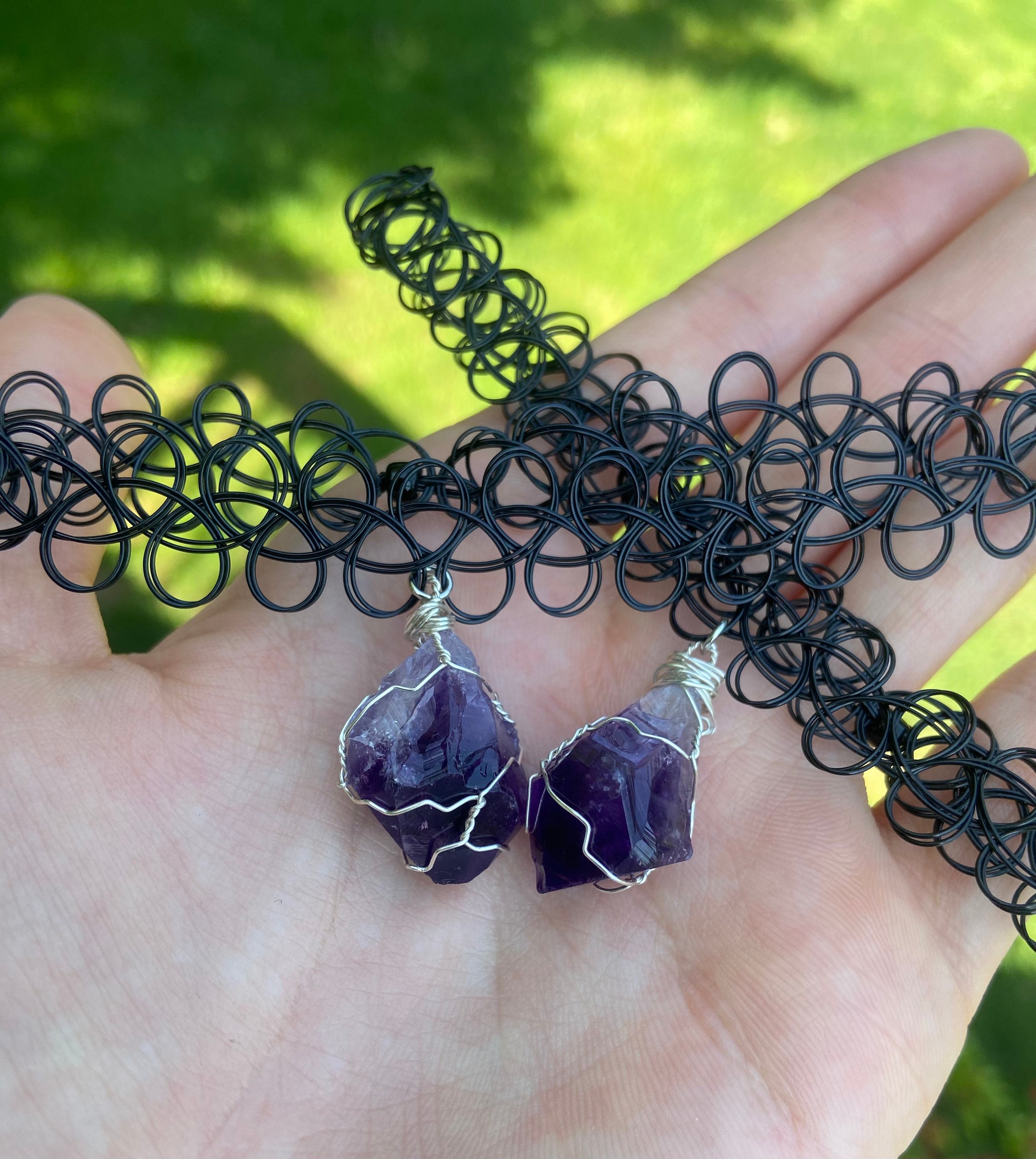 Wire Wrapped Amethyst Crystal Stone Pendant Necklace Choker, Boho