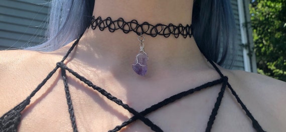 Wire Wrapped Amethyst Crystal Stone Pendant Necklace Choker, Boho
