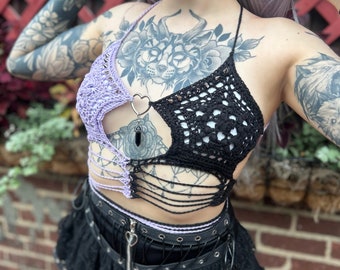 Crochet Summer Crop Top, Goth Bikini Top with Spikes and Metal Heart Ring, Knit Rave Crocheted Top with Obsidian Crystal, Gothic Festival