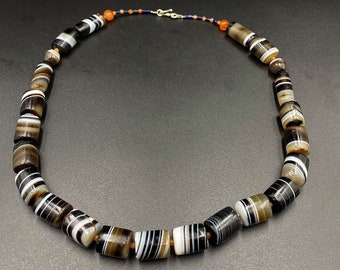 Vintage Banded Agate Old Beads mala Necklace South East Asia Antique