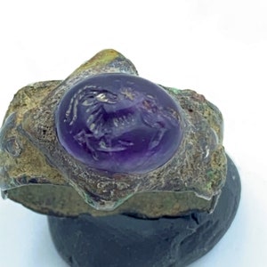 Ancient Antiquity Roman Bronze Jewelry Old Ring Amethyst Intaglio Stamp Seal