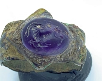Ancient Antiquity Roman Bronze Jewelry Old Ring Amethyst Intaglio Stamp Seal