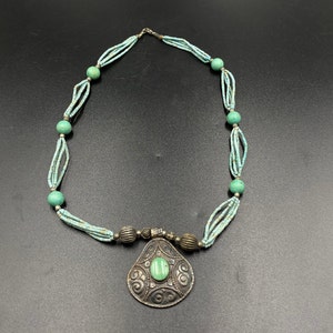 Vintage Himalaya Nepalese handgemaakte zilveren hanger Turquoise kralen ketting