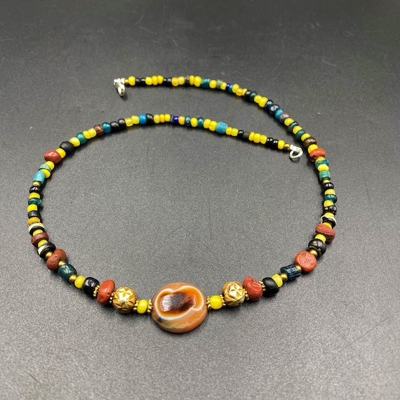 Collier Ancien Perles D'agate Cornaline Indo-tibétain - Longueur 20 Pouces - Occasion