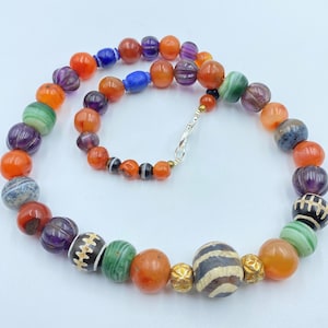 Carnelian Agate Amethyst Glass Old Lapis Vintage Antiquity Trade Bead Necklace