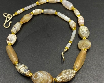 Old Ancient Antique Himalayan Indo Tibetan Solumani Banded Beads Mala Necklace