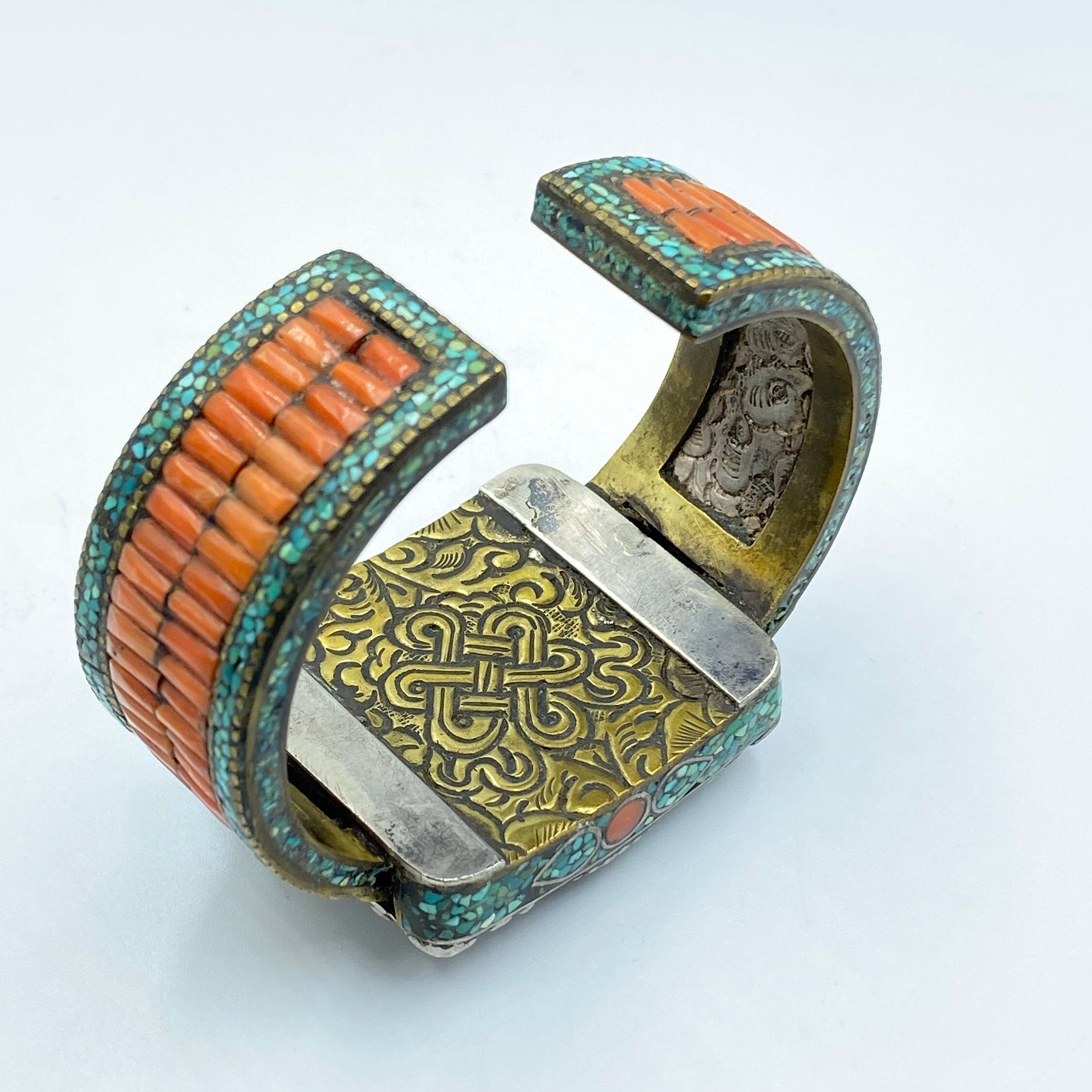 Bracciale Etnico Fatto A Mano In Corallo E Turchese Compresso - Gioiello Boho Tribale Per Uomo E Donna, Placcato Argento 925, Regalo Artigianale