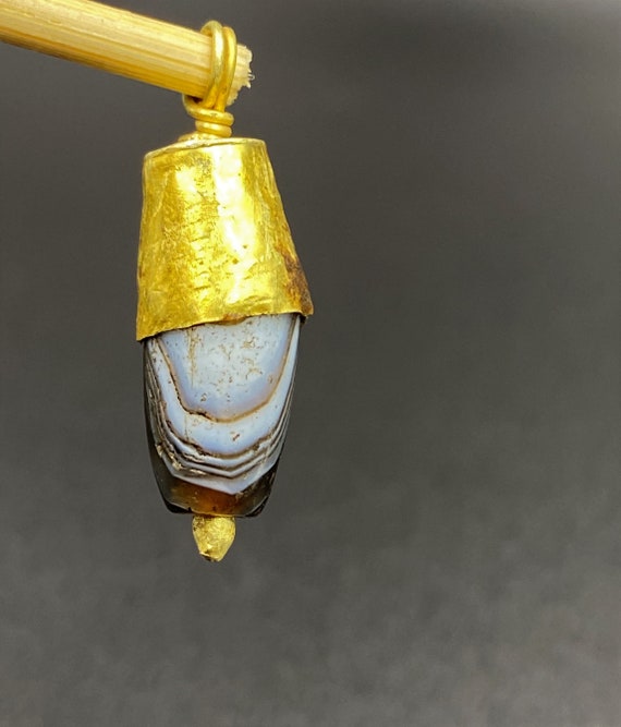 Gold Folded Agate Ancient Jewelry Amulet Bead Nec… - image 4