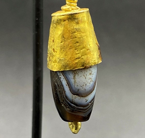 Gold Folded Agate Ancient Jewelry Amulet Bead Nec… - image 9
