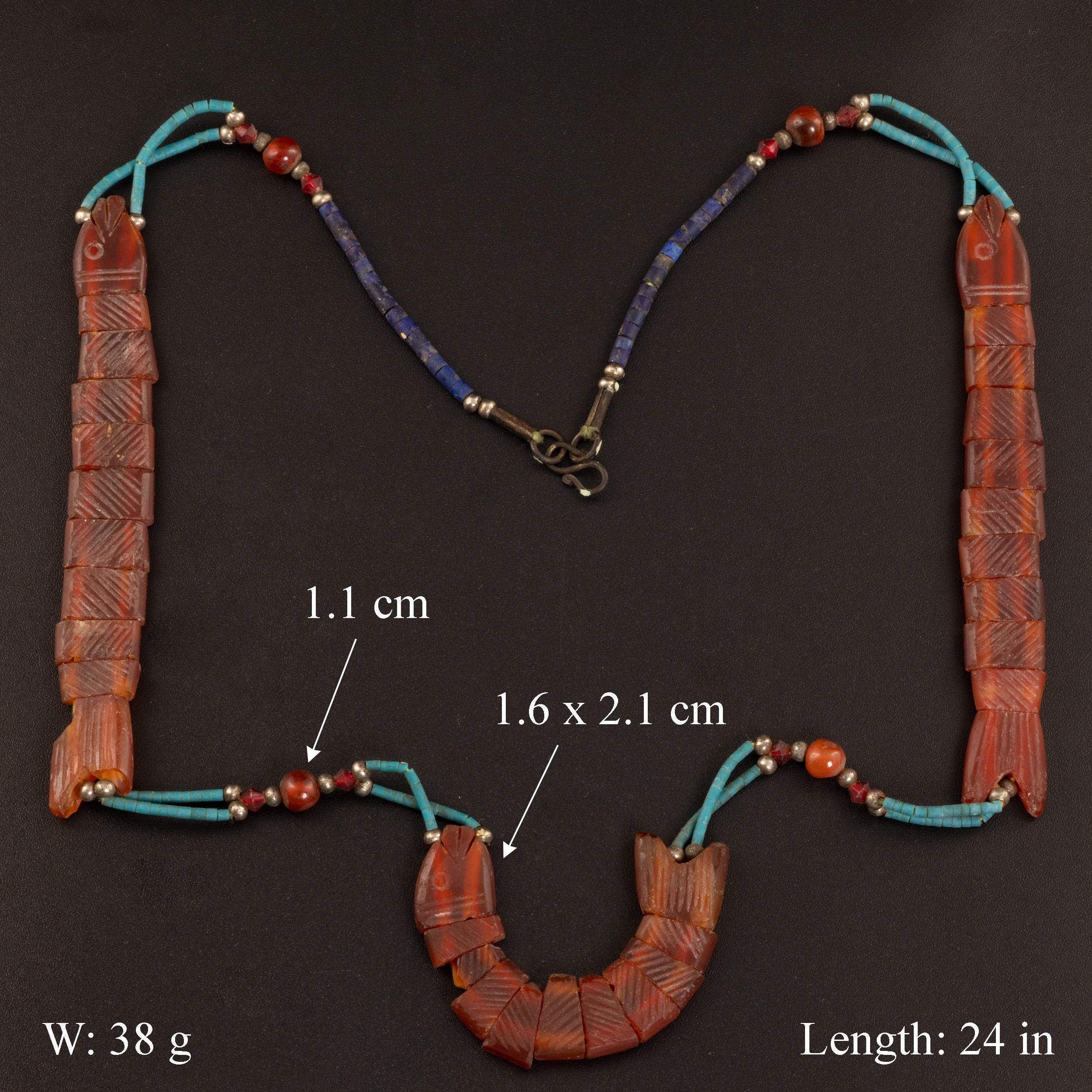 ヴィンテージ彫刻カーネリアン魚モチーフビーズネックレス、ターコイズ