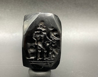 Vintage Jewelry Pendant Bead Of Black Lava Intaglio Stamp Seal With Rare Story