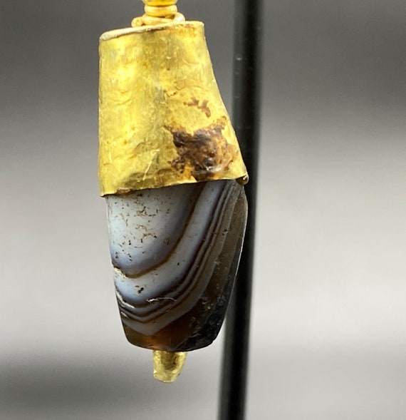 Gold Folded Agate Ancient Jewelry Amulet Bead Nec… - image 8