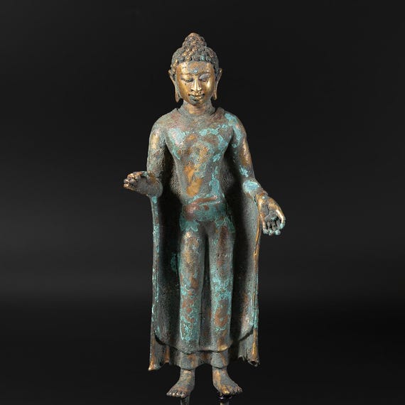 東南アジア美術アンティークブロンズ立像仏像 33 x 12.6 cm、2600