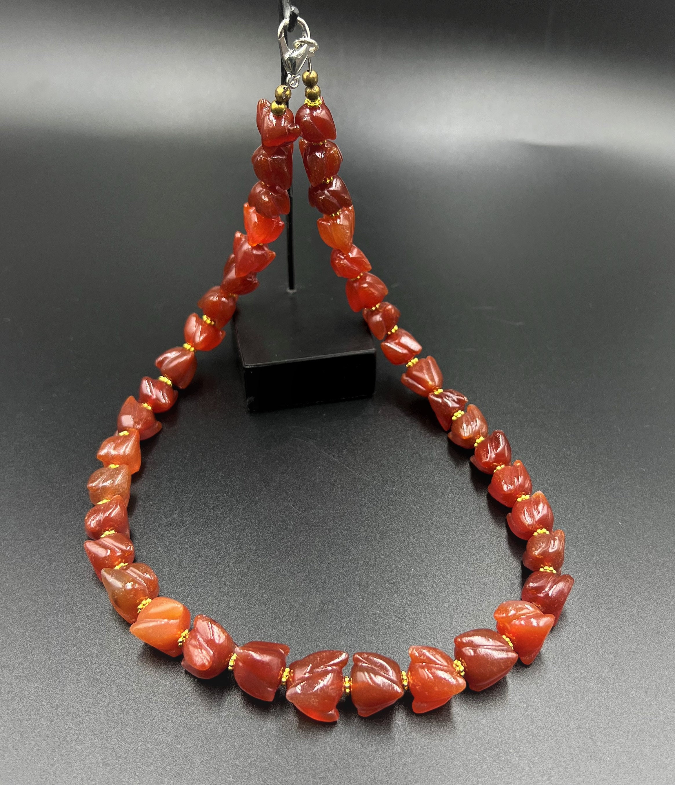 Collier Vintage Long 60cm En Perles D'Agate Et Cornaline Véritables